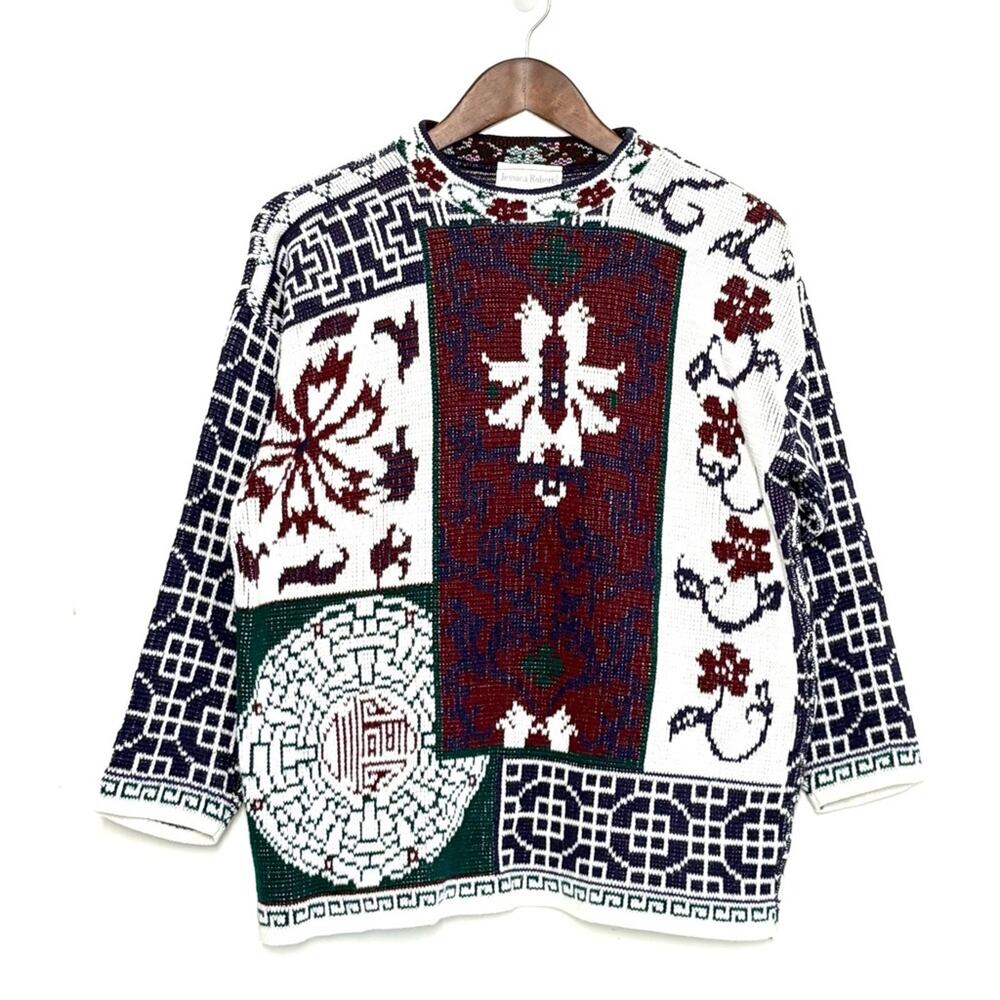 VTG 90s Jessica Roberts Art Knit Sweater Women L Tapestry Geometric Made USA